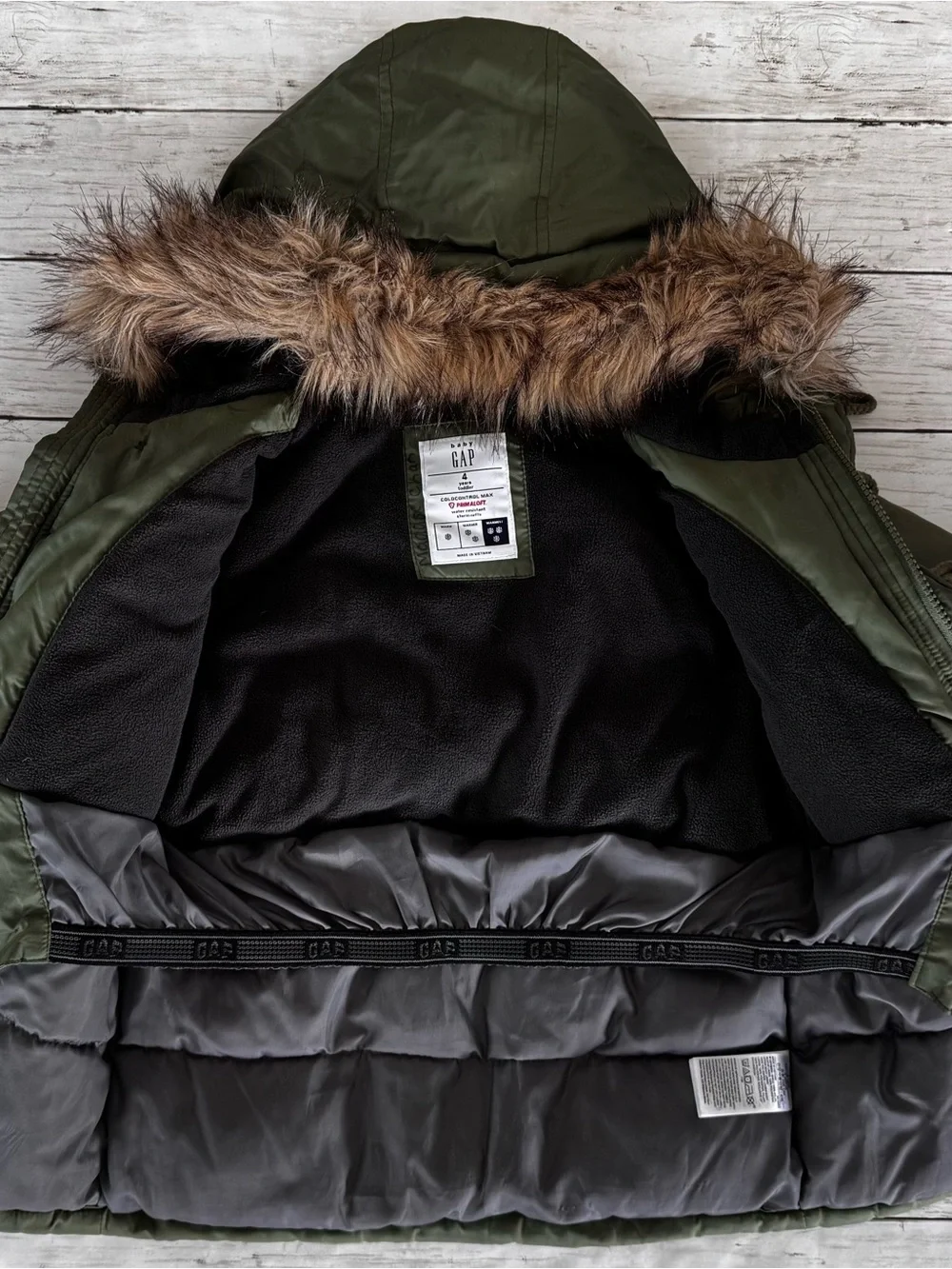 GAP Kids Olive Green Hooded Winter Coat with Faux Fur Trim